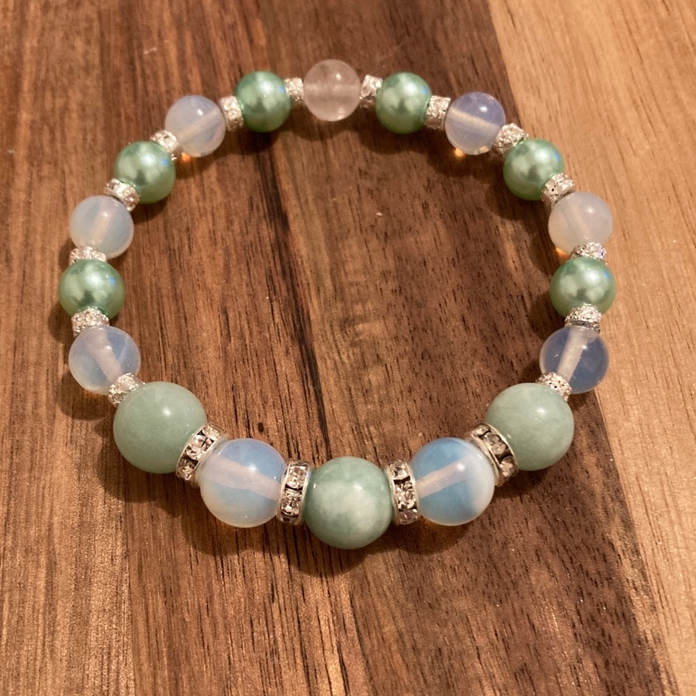 Handmade Beaded Stretch Bracelet w/ Amazonite and White Opal